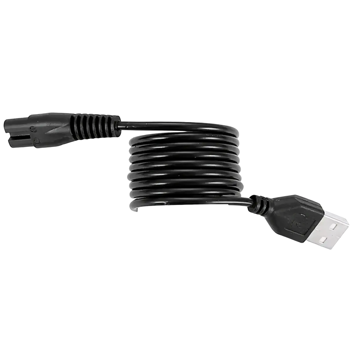 Black coiled usb to ac power adapter cable with molded connectors for meridian electric shaver replacement charging