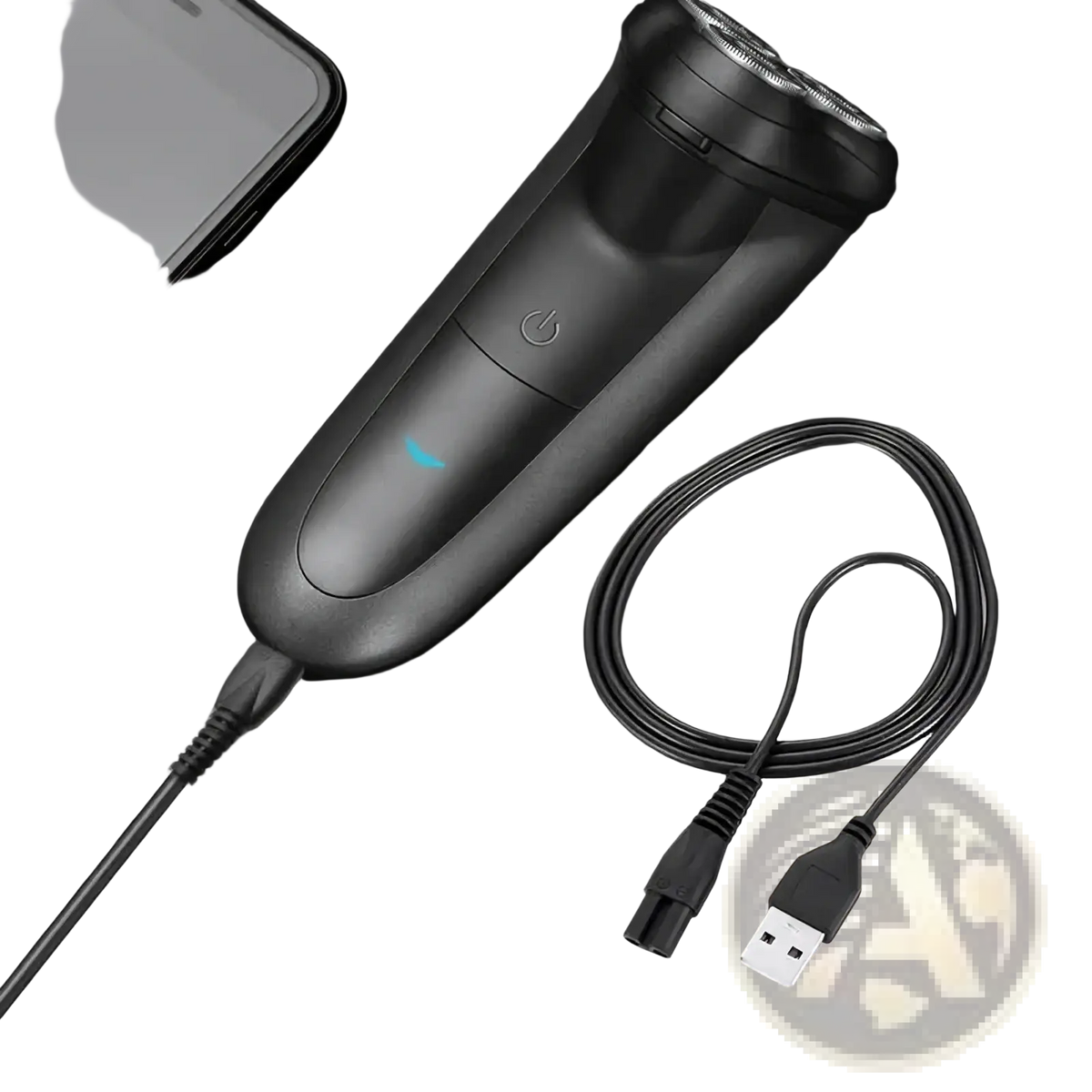 Black Meridian electric shaver with glowing blue power indicator and USB charging cable for replacement use
