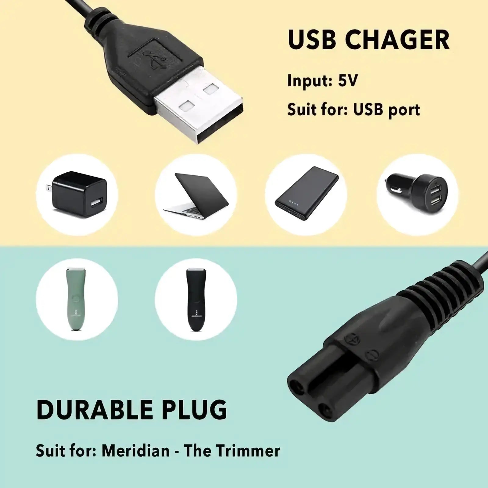 Black usb charger cable with standard usb-a connector and durable ribbed plug for use with meridian electric shaver