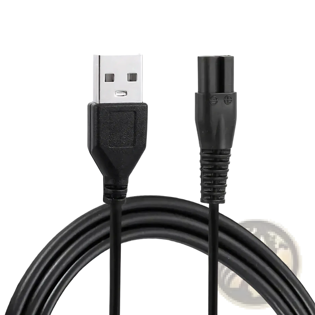 Black usb charging cable for Meridian electric shaver with standard usb-a connector and ribbed cylindrical plug