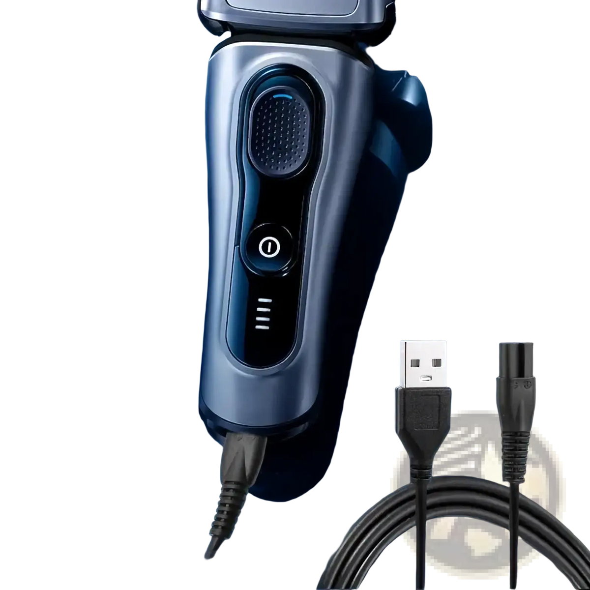 Silver and black Meridian electric shaver with sleek modern design and USB charging cable for replacement use