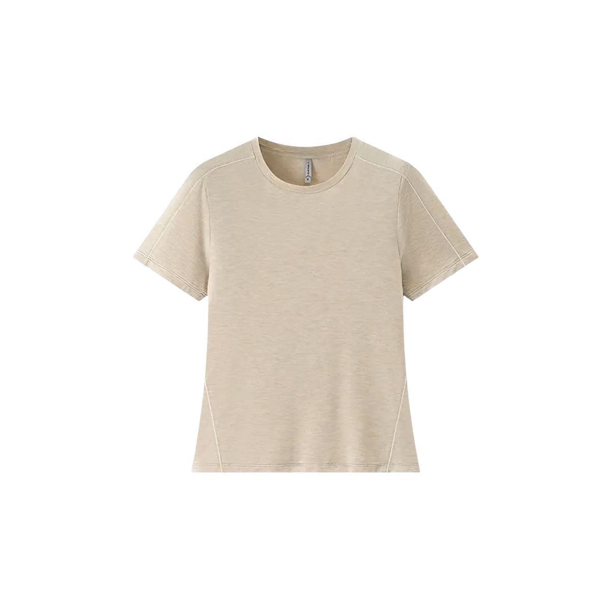 Beige merino wool athletic t-shirt for women with short sleeves and subtle seam detailing, designed for quick dry use
