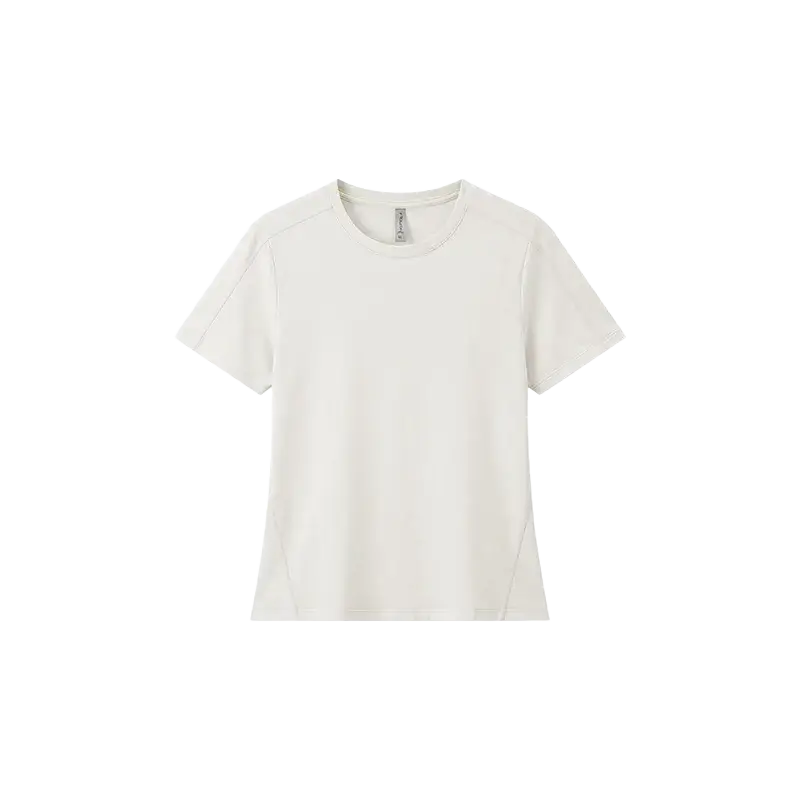 Minimalist off-white merino wool athletic t-shirt for women with short sleeves crew neck and subtle seam detailing