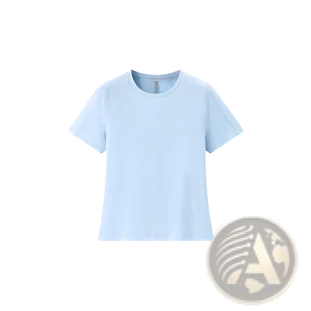 A soft light blue merino wool athletic t-shirt for women with short sleeves and quick dry properties