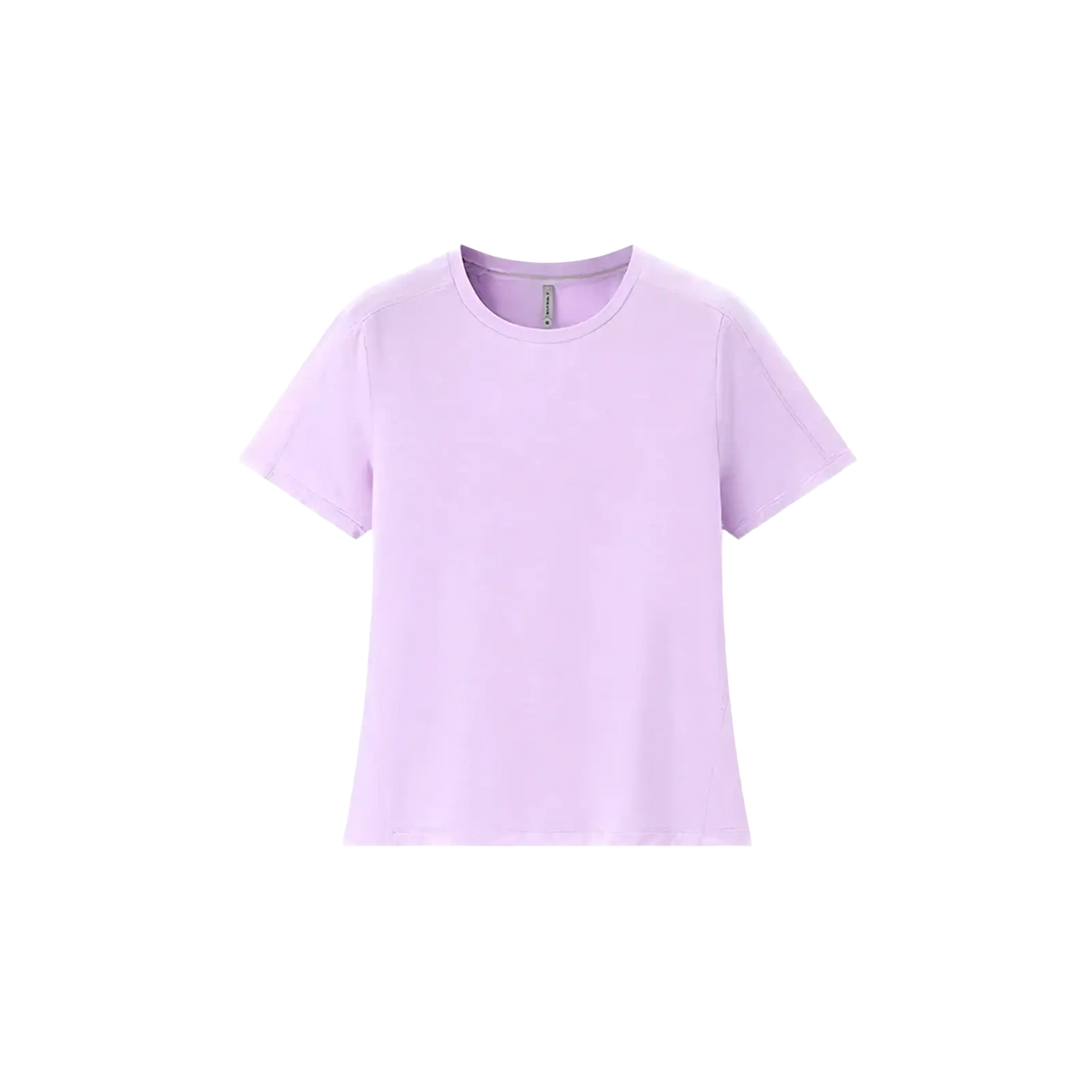 A soft lavender merino wool athletic t-shirt for women with short sleeves and quick dry fabric for active use