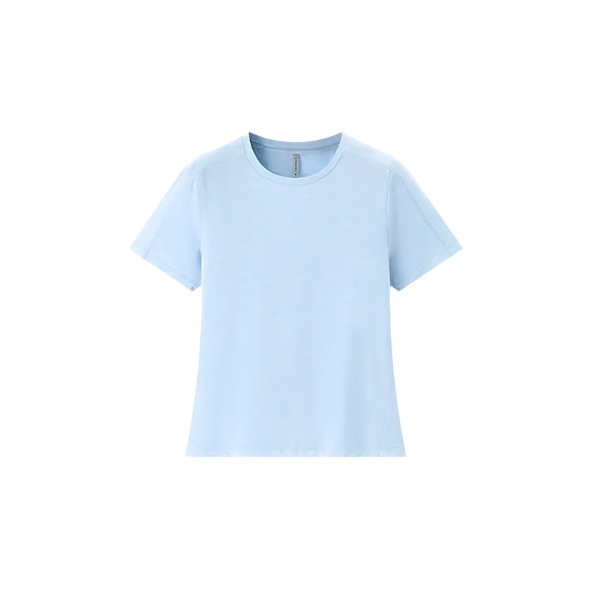 A soft light blue merino wool athletic t-shirt for women with short sleeves and quick dry properties