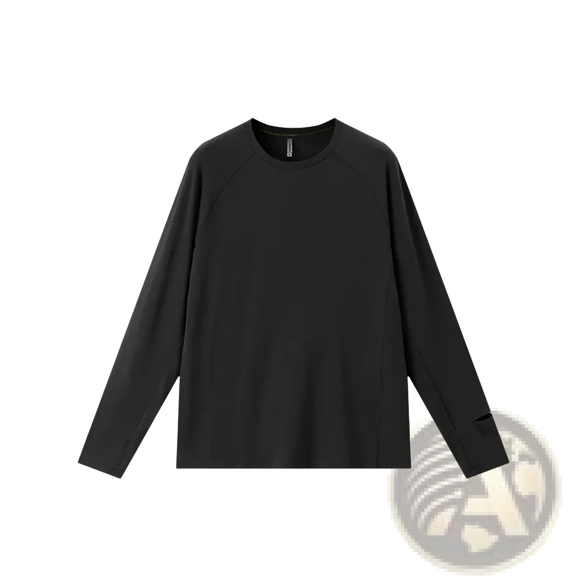 Black merino wool base layer long sleeve men shirt with crew neck and subtle cutouts at the cuffs