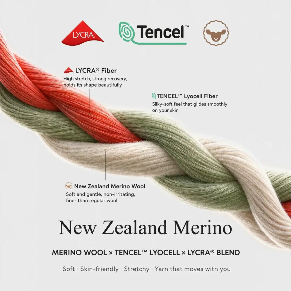 A tri-colored merino wool base layer long sleeve men shirt with braided red green cream yarn blend including tencel lyocell and lycra fibers