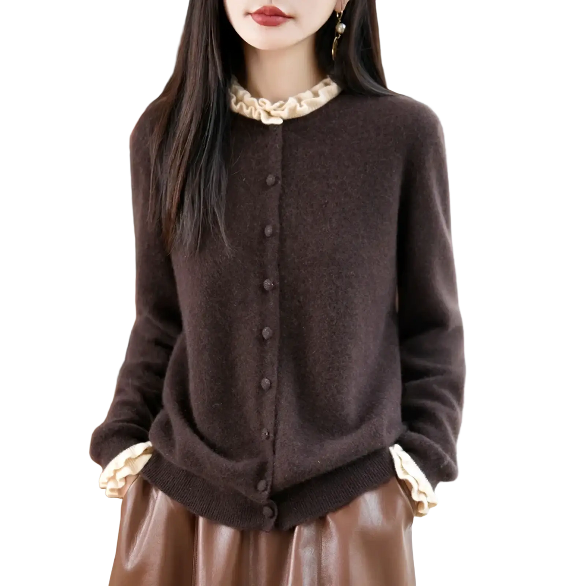 Brown merino wool cardigan knitwear featuring cream-colored ruffled collar and cuffs for elegant layering