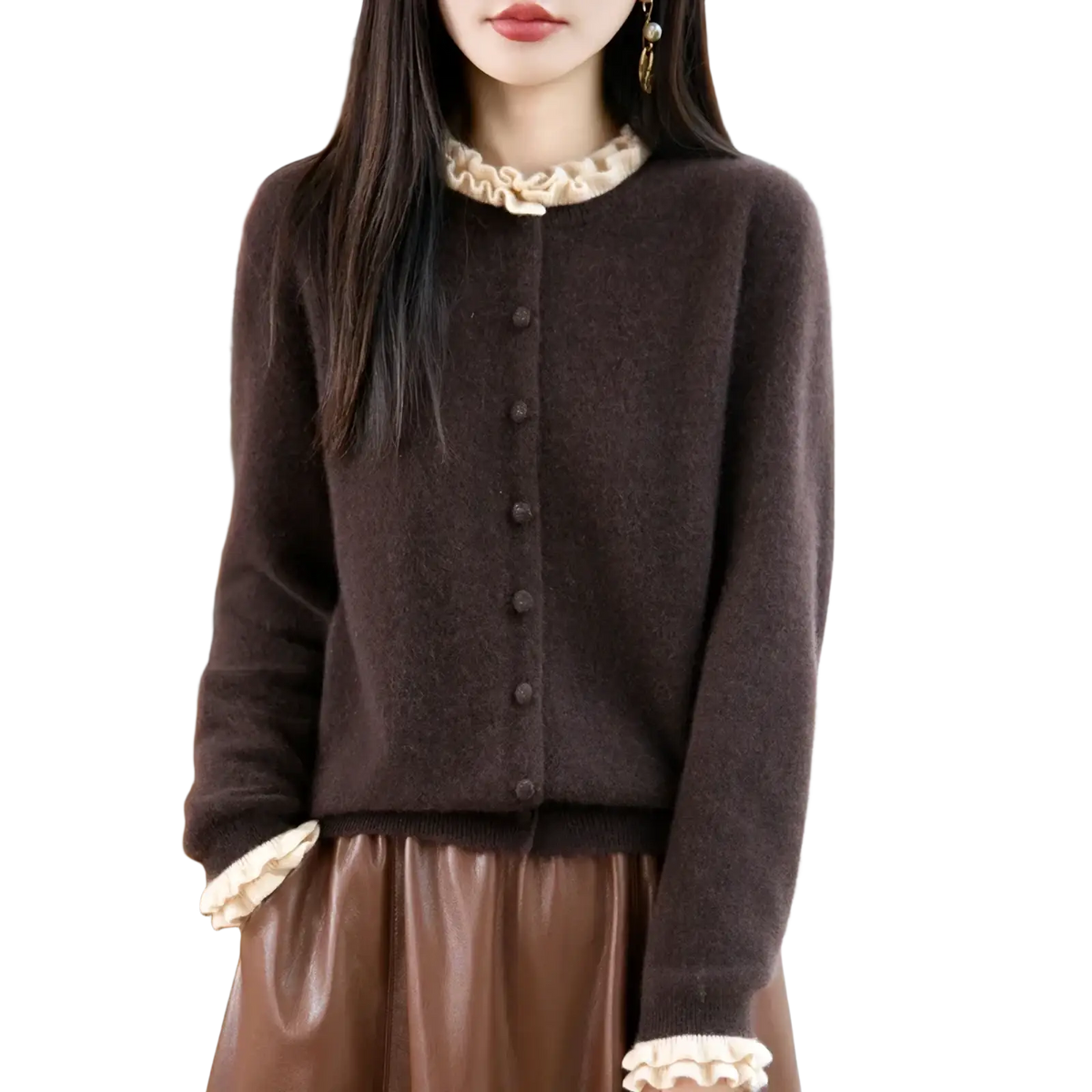A cozy brown merino wool cardigan with delicate cream ruffled trim at collar and cuffs knitwear product