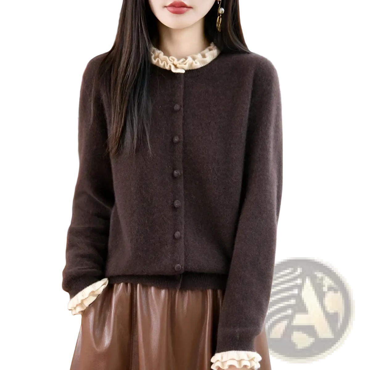 A cozy brown merino wool cardigan with delicate cream ruffled trim at collar and cuffs knitwear product