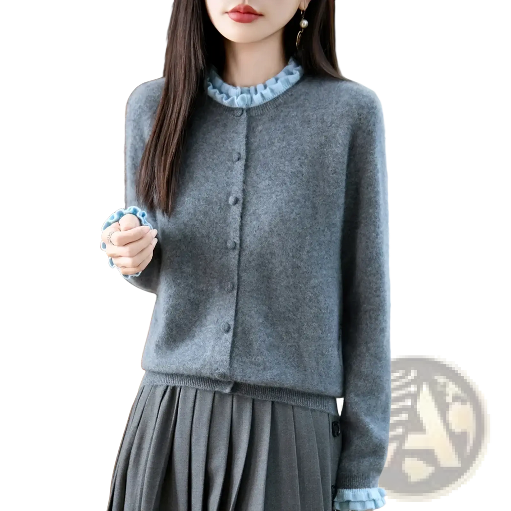 Gray merino wool cardigan featuring light blue ruffled collar and cuffs knitwear for stylish layering