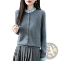Gray merino wool cardigan featuring light blue ruffled collar and cuffs knitwear for stylish layering