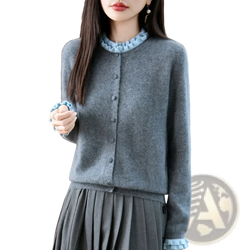 Gray merino wool cardigan featuring light blue ruffled collar and cuffs knitwear for stylish layering