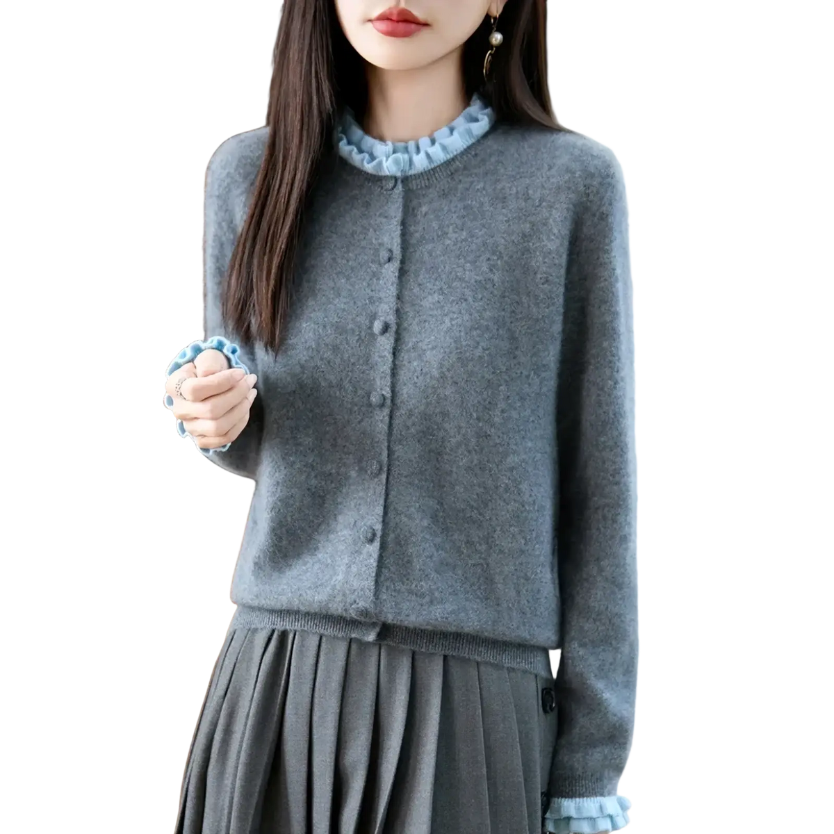 Gray merino wool cardigan featuring light blue ruffled collar and cuffs knitwear for stylish layering