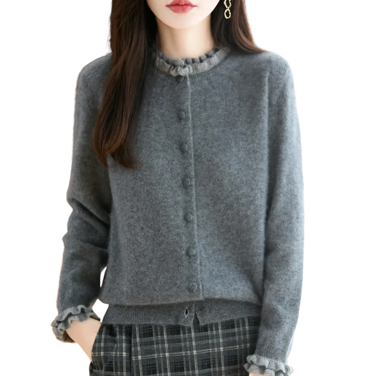 Gray merino wool cardigan featuring a ruffled collar and cuffs with a button-front design