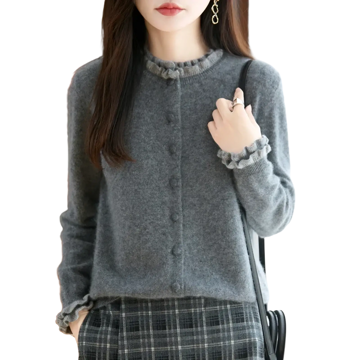 Gray merino wool cardigan with ruffled collar and cuffs knitwear for elegant layering and warmth