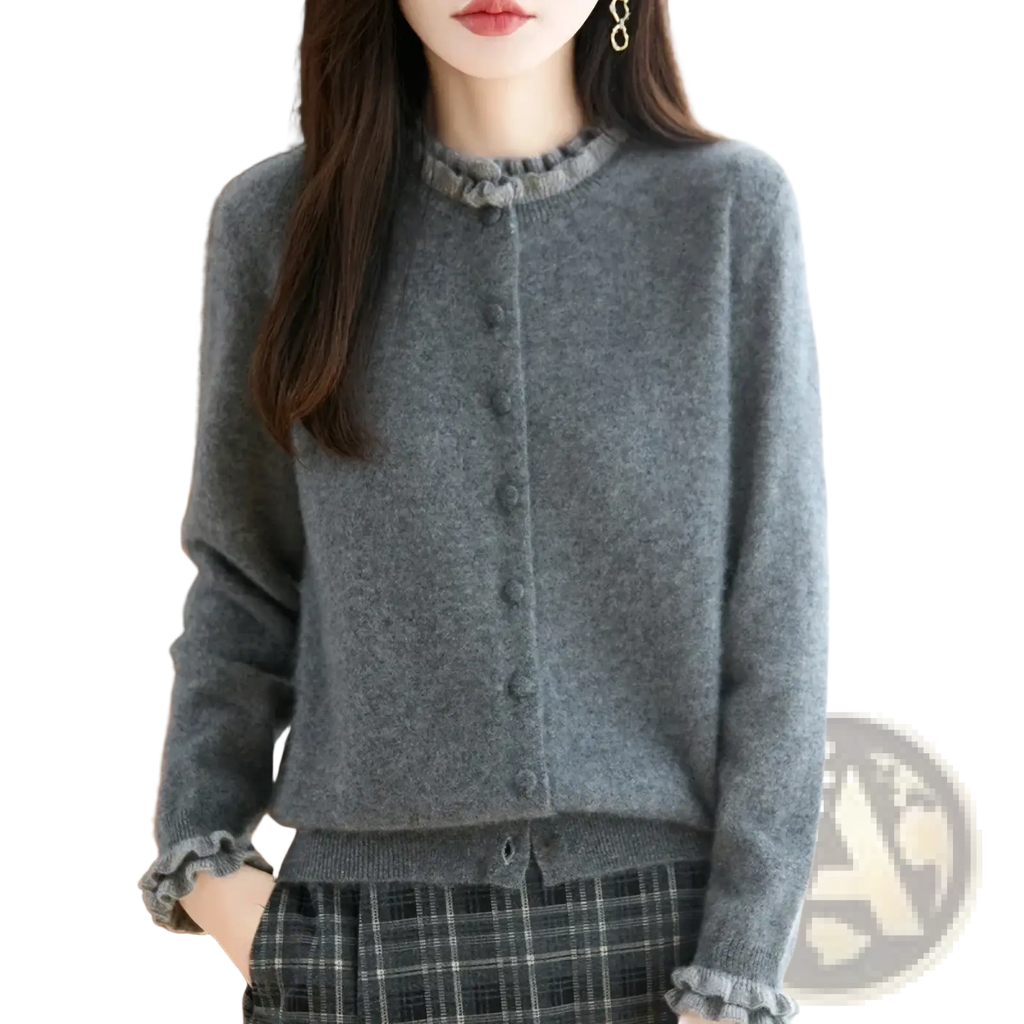 Gray merino wool cardigan featuring a ruffled collar and cuffs with a button-front design