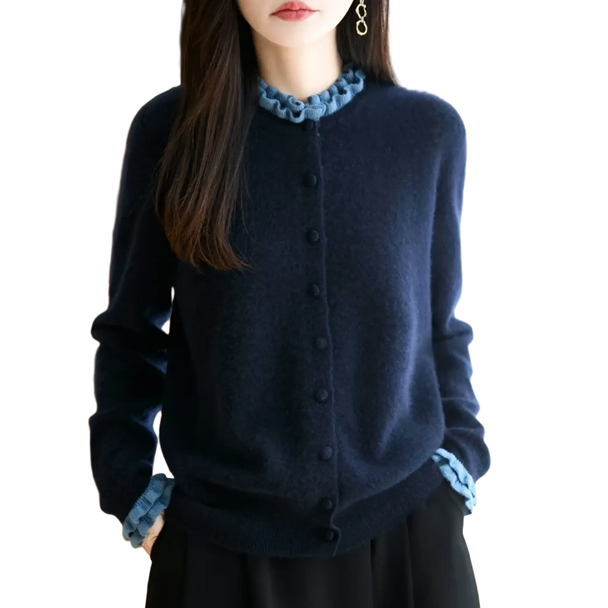 Navy blue merino wool cardigan with contrasting light blue ruffled collar and cuffs knitwear detail