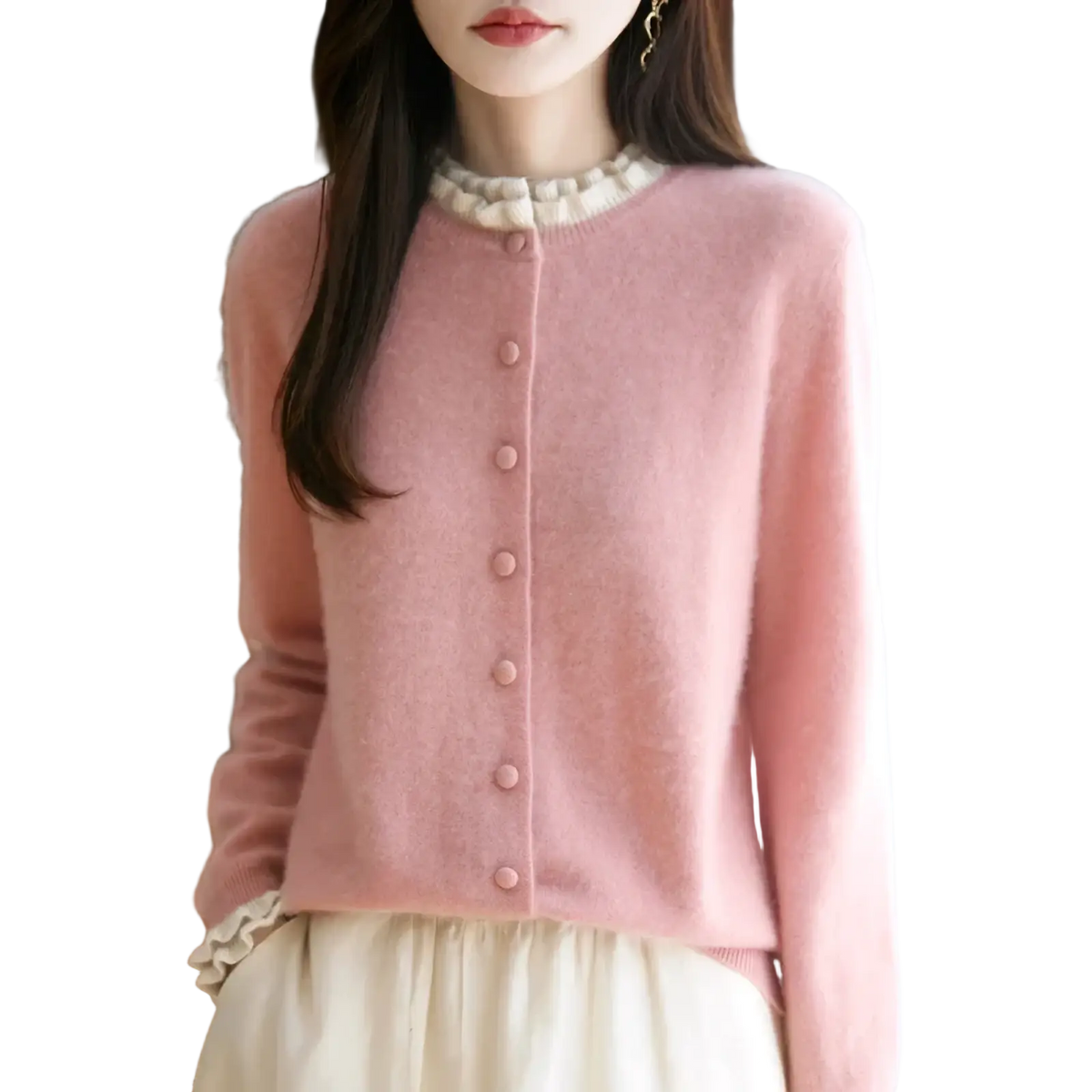 Soft pink merino wool cardigan with delicate ruffled collar and cuffs knitwear for elegant layering