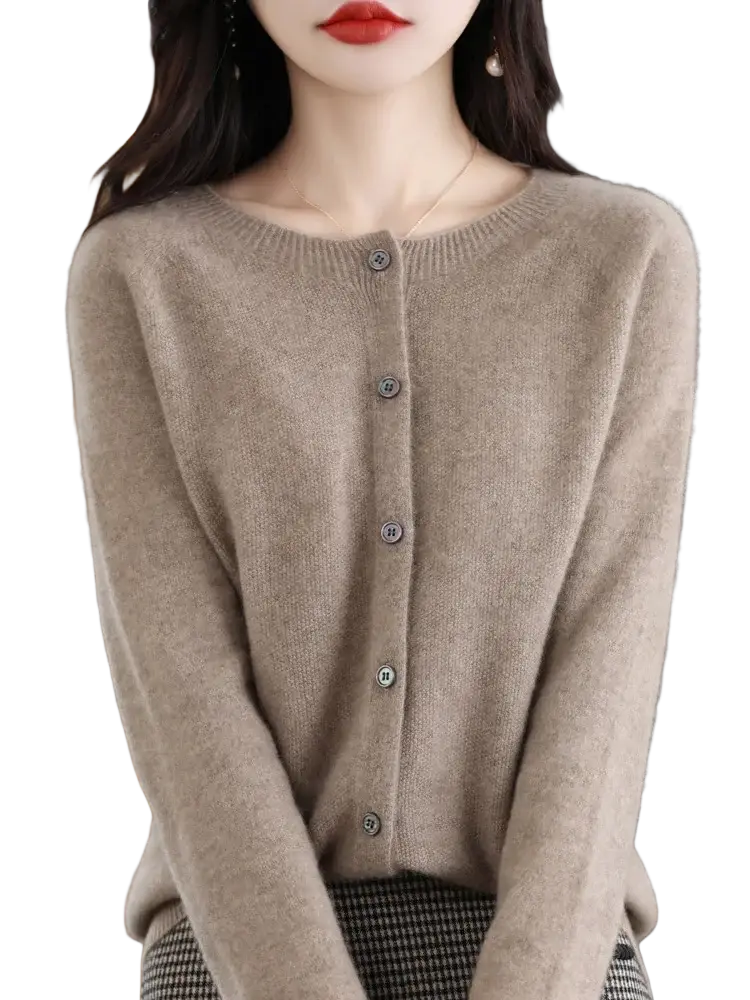 Beige merino wool cardigan for women with round neckline and five matching buttons in cashmere knit design