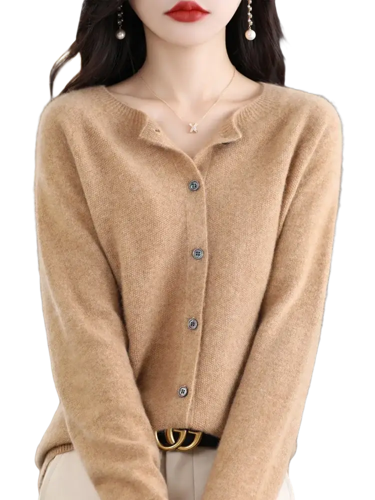 Beige merino wool cardigan women cashmere knit sweater with soft textured knit and subtle button closure