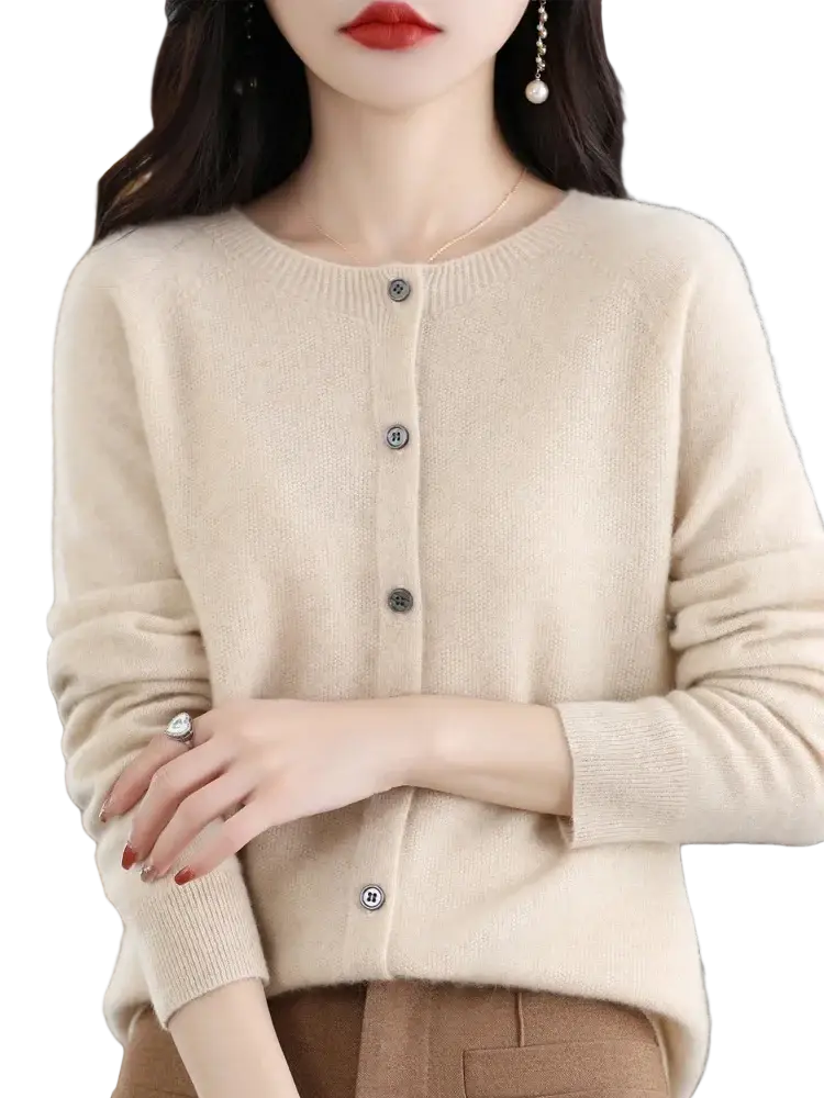 Beige long-sleeved merino wool cardigan with round neckline and dark gray buttons for women cashmere knit sweater