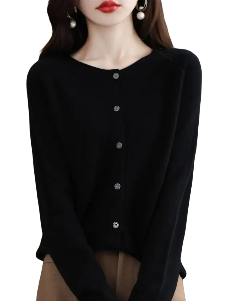 Black long-sleeved merino wool cardigan with silver buttons and soft textured knit for women cashmere sweater