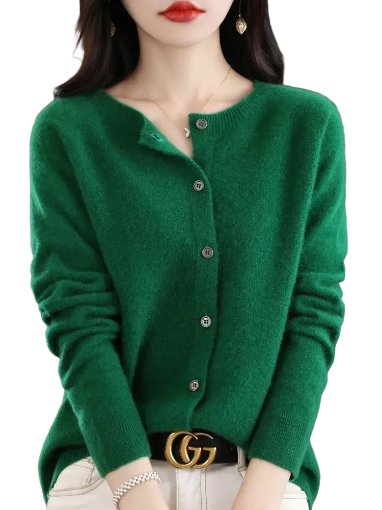 Emerald green long-sleeved merino wool cardigan for women with silver-toned buttons and soft textured fabric