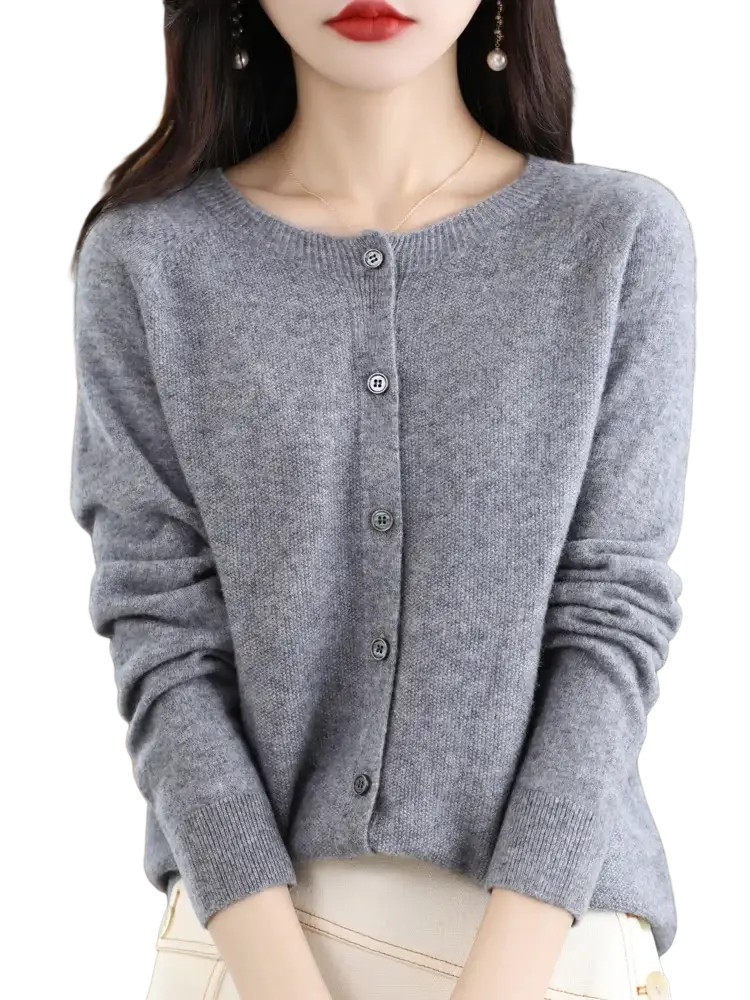 Gray merino wool cardigan for women with a round neckline and five matching buttons down the front