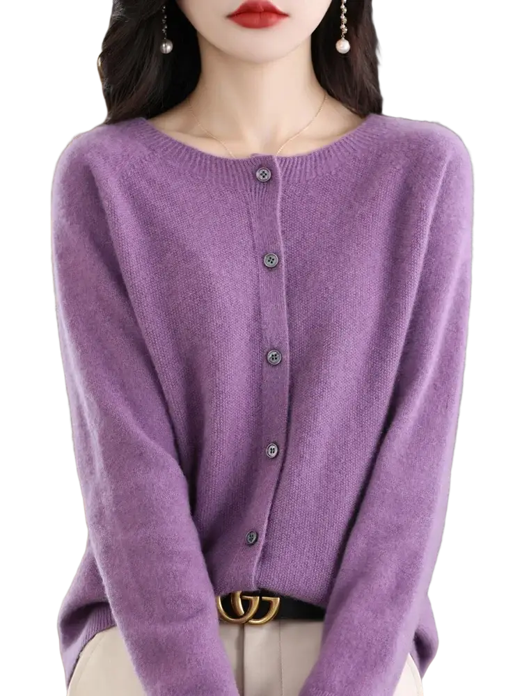 A soft lavender merino wool cardigan for women featuring a round neckline and silver buttons in cashmere knit