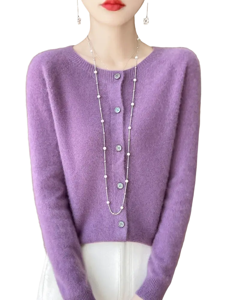 A soft lavender long-sleeved merino wool cardigan with round neckline and decorative buttons for women