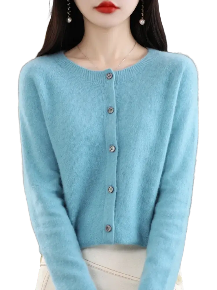 A soft light blue merino wool cardigan for women with round neckline and five matching front buttons