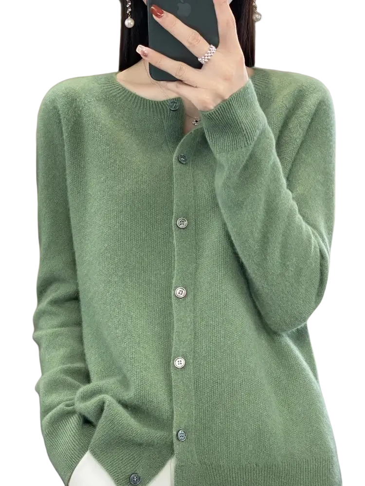 Merino wool cardigan women cashmere knit sweater in soft sage green with round neckline and silver buttons