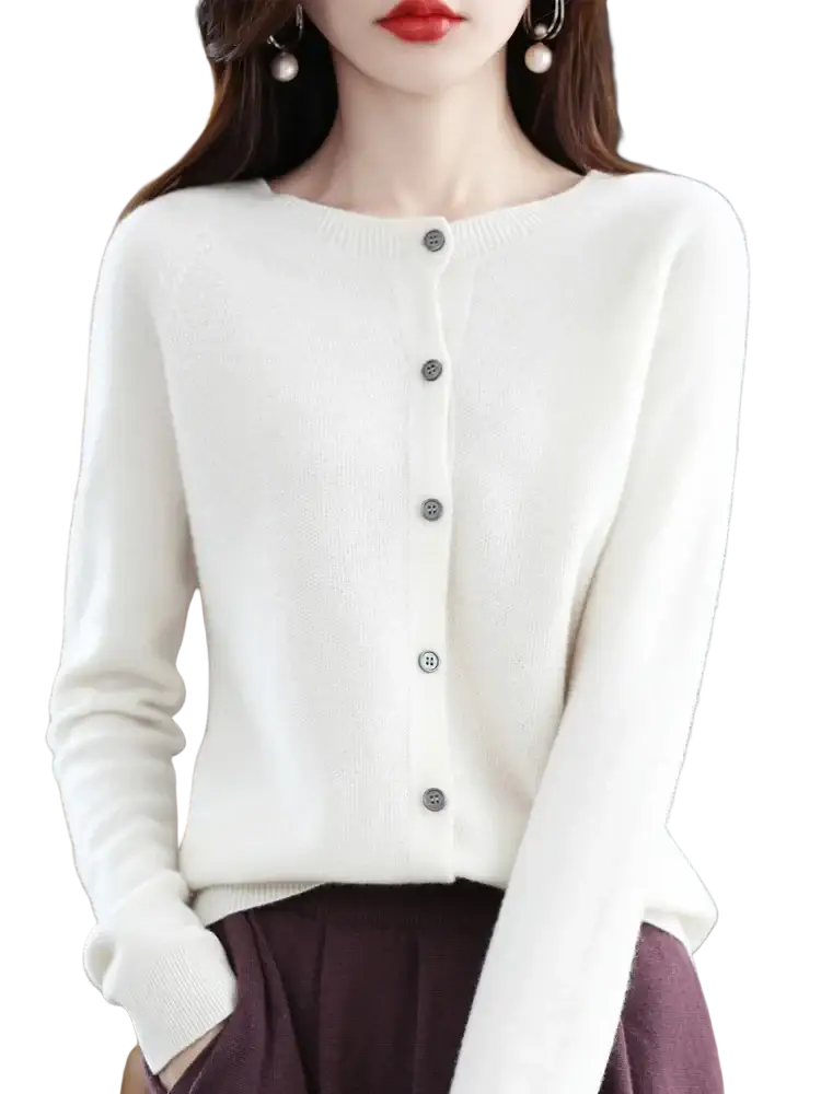 A soft white merino wool cardigan for women with a round neckline and five dark gray buttons down the front