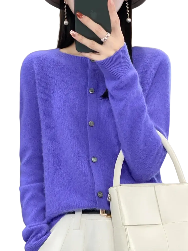 Vibrant purple merino wool cardigan for women with cashmere knit, silver buttons, and soft fuzzy texture