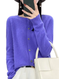 Vibrant purple merino wool cardigan for women with cashmere knit, silver buttons, and soft fuzzy texture