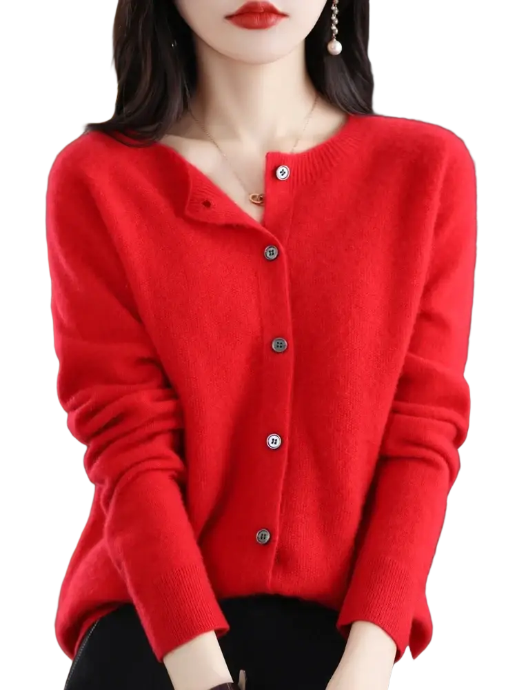 Vibrant red merino wool cardigan with silver-toned buttons and round neckline in soft knit cashmere blend