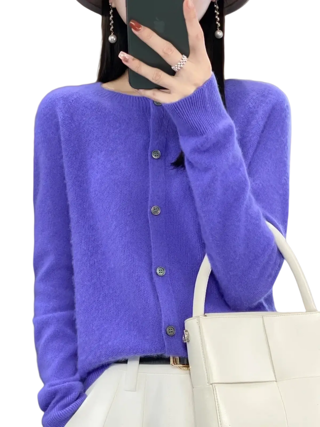 Vibrant purple merino wool cardigan for women with silver buttons and a soft fuzzy cashmere texture