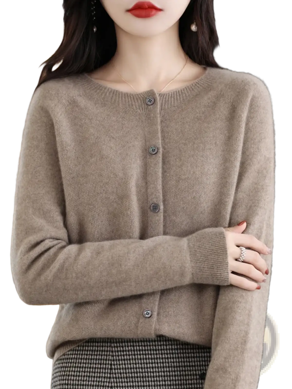 A soft beige cashmere merino wool cardigan for women with round neckline and button closure