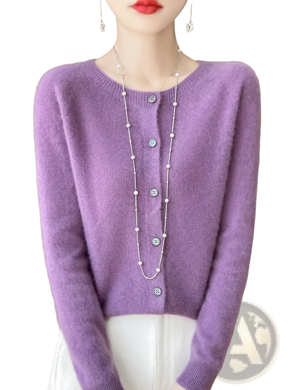 A soft lavender merino wool cardigan for women with long sleeves, round neckline, and decorative buttons