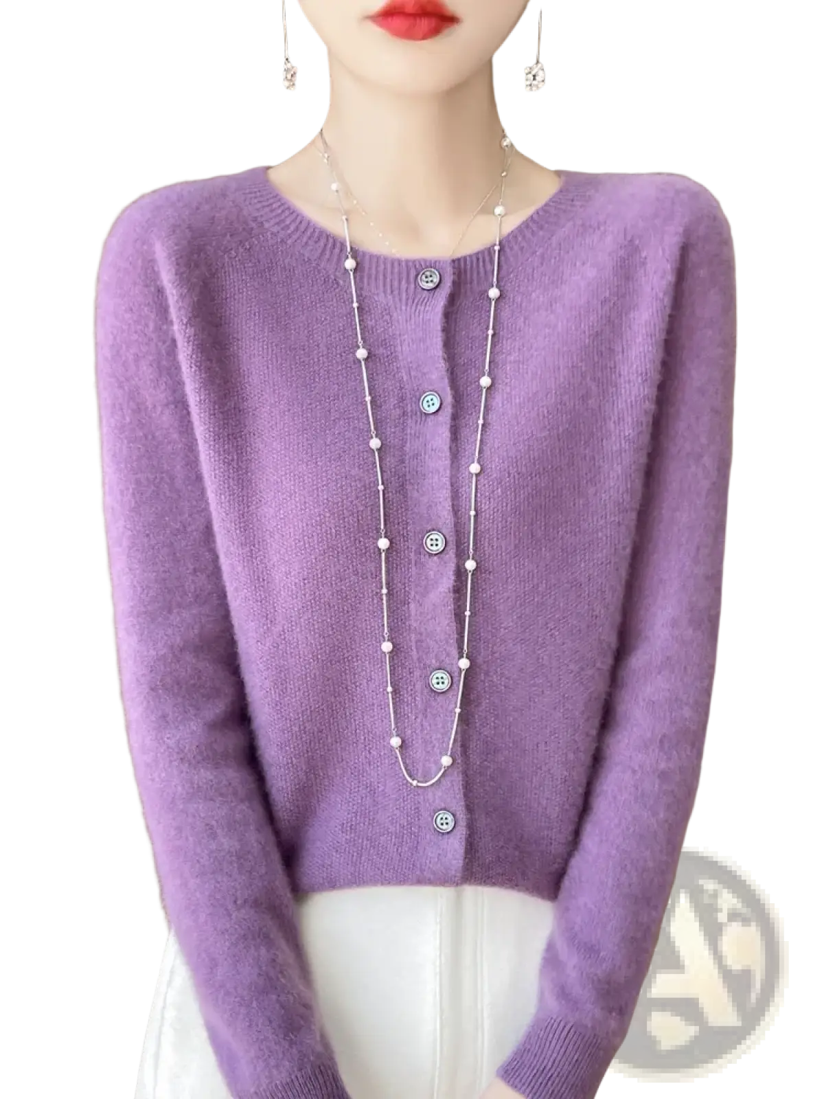 A soft lavender merino wool cardigan for women with long sleeves, round neckline, and decorative buttons
