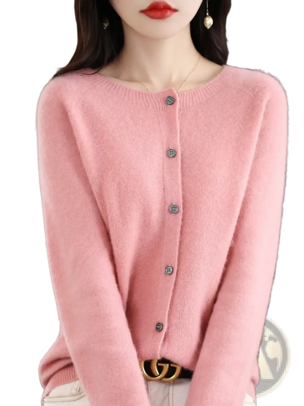 A soft pink merino wool cardigan for women with long sleeves round neckline and dark gray buttons