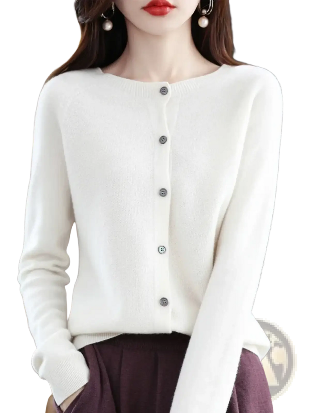 A soft white merino wool cardigan for women with a round neckline and five dark gray buttons down the front