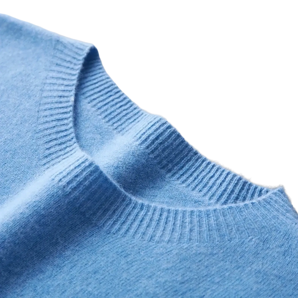 A soft light blue merino wool crewneck sweater for men with a ribbed neckline and fine knitted texture