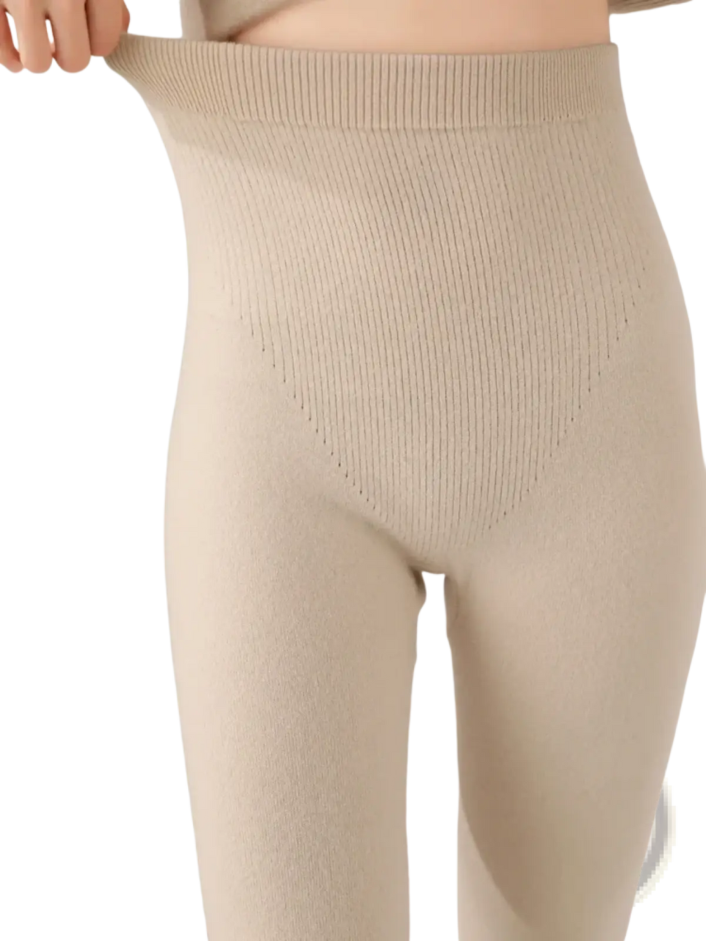 Beige merino wool high waisted ribbed leggings with seamless form fitting design for comfortable wear