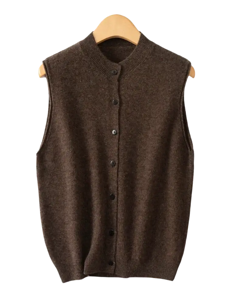 Brown merino wool knit sleeveless vest with round neckline and black buttons for women