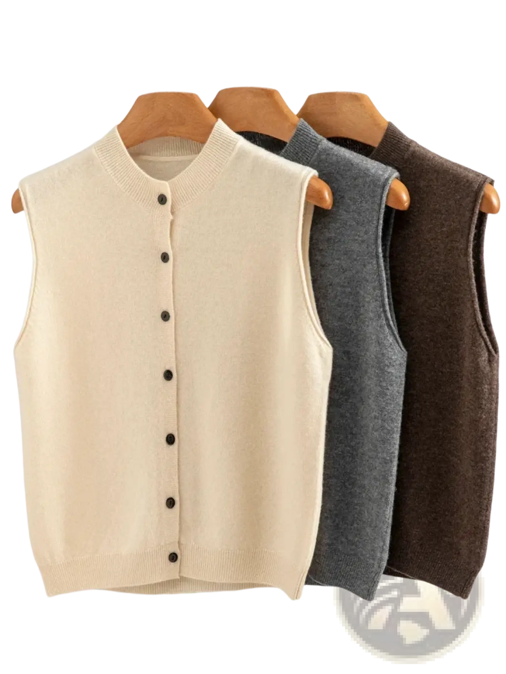 Cream-colored merino wool knit vest for women with black buttons and ribbed neckline, sleeveless design