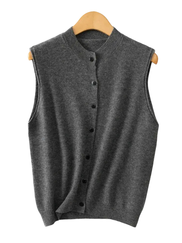 A dark gray sleeveless merino wool knit vest for women with rounded neckline and black buttons down the front