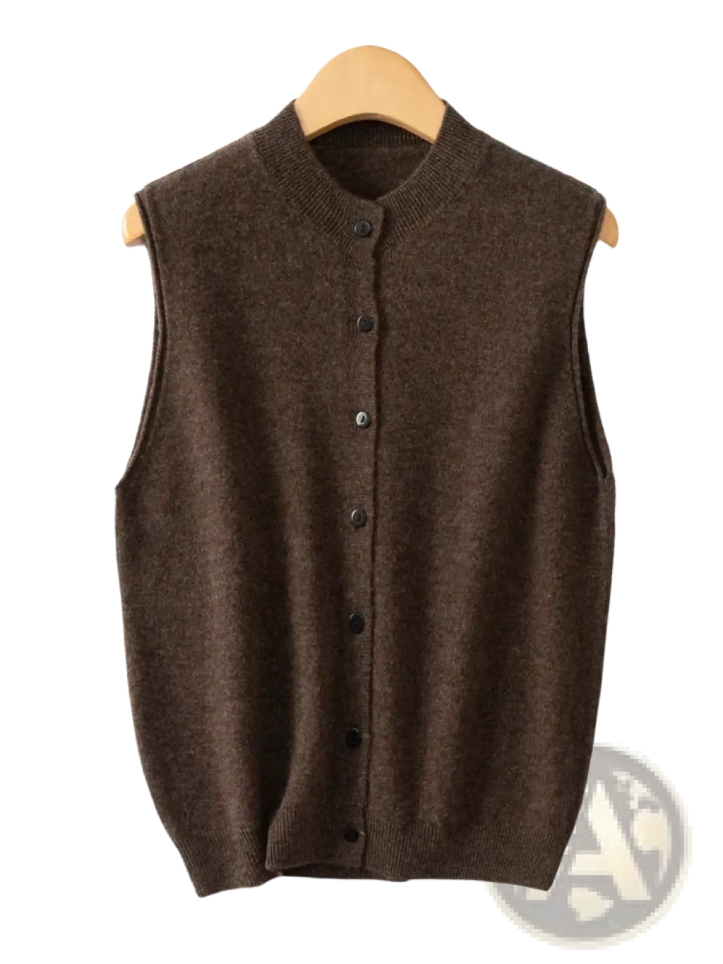 Brown merino wool knit sleeveless vest with round neckline and black buttons for women